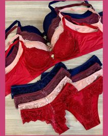 CONJUNTO TRIO TACTEL E RENDA BOJO PRE MOLDADO PROLONGADO COM FIO E TANGA