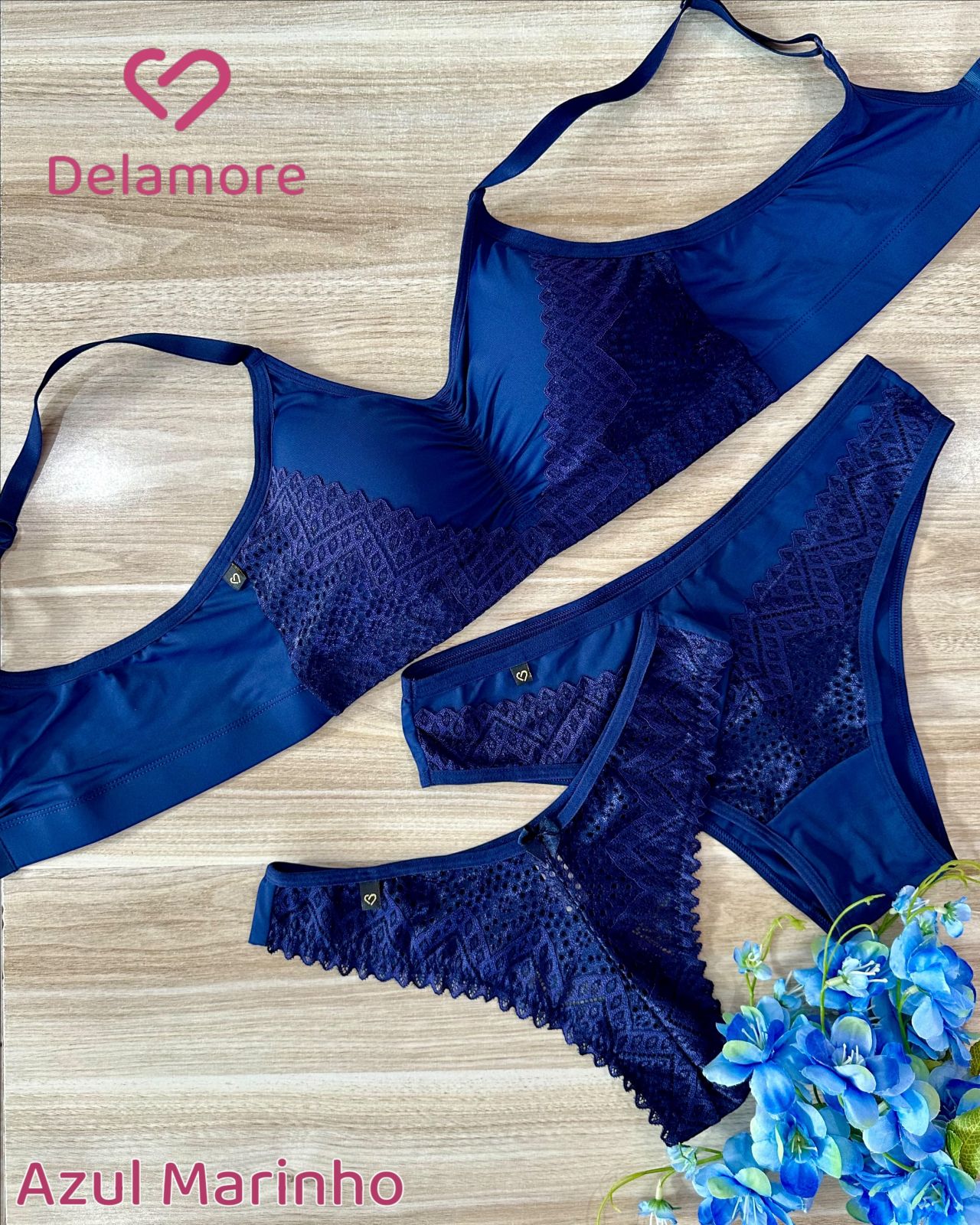 CONJUNTO TRIO TIPO TOP SEM ARO TACTEL FRANZIDO MEIO COM RENDA , FIO DUPLO E TANGA